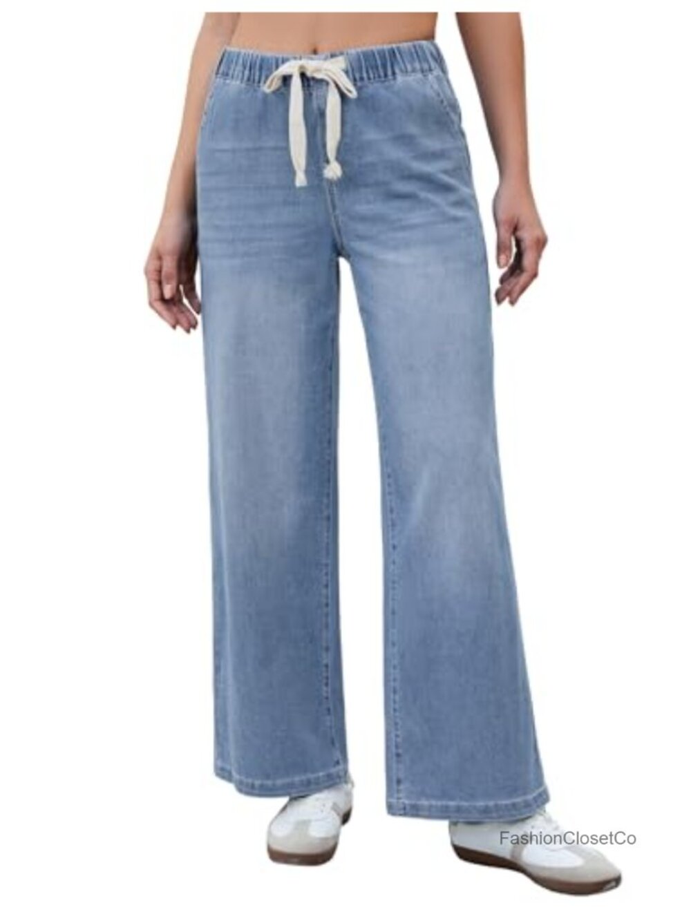 High Waisted Wide Leg Pull On Stretch Denim Jeans with Pockets